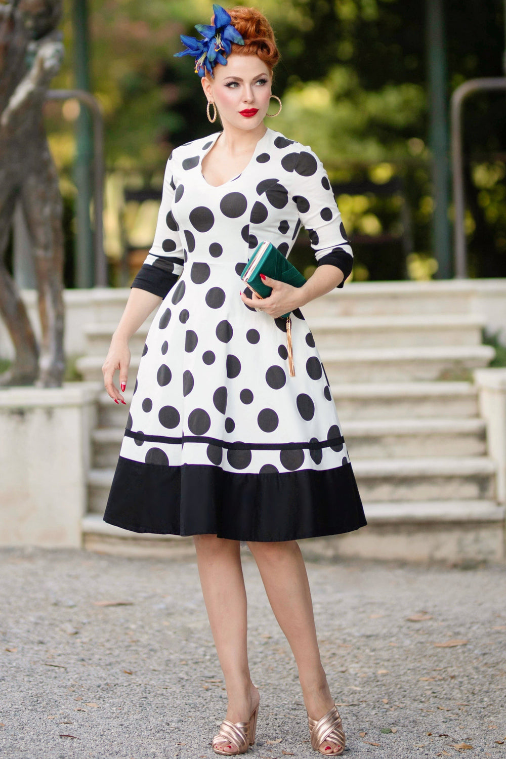 Maria White Vintage Large Black Spots Print Swing Dress