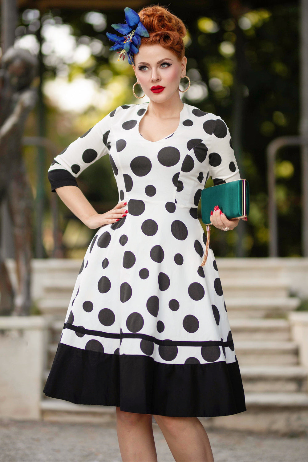 Maria White Vintage Large Black Spots Print Swing Dress