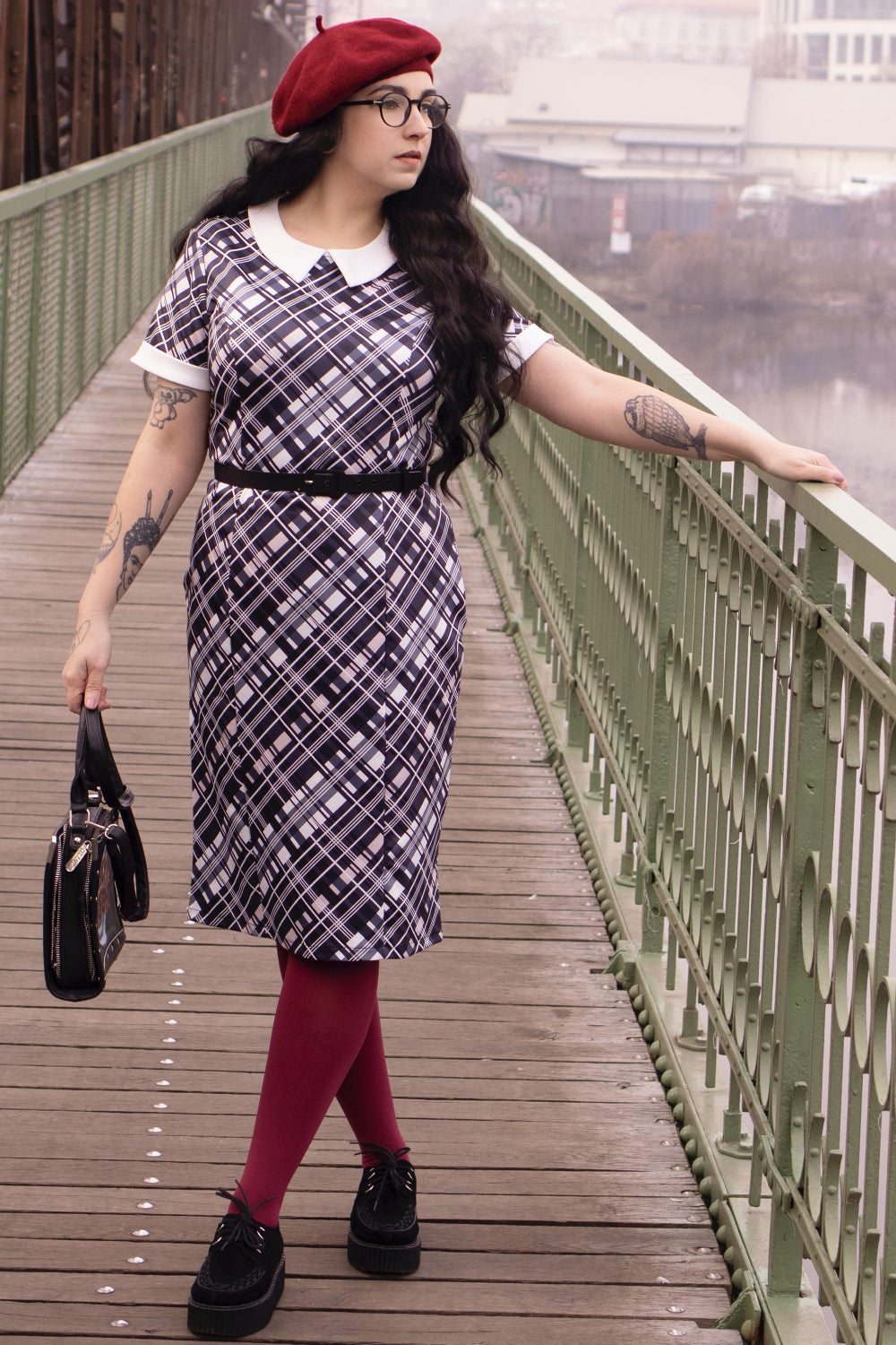 EU STOCK Toni Fitted Collared Vintage Dress in Black & White Tartan