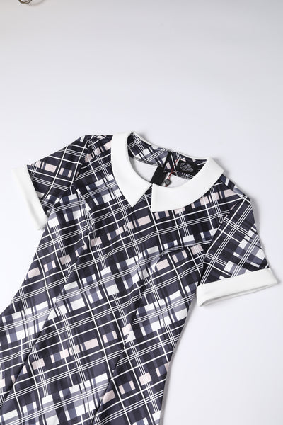 EU STOCK Toni Fitted Collared Vintage Dress in Black & White Tartan