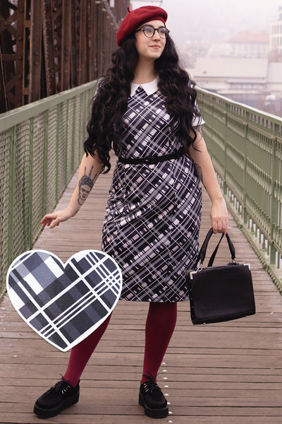 PRE-ORDER Toni Fitted Collared Vintage Dress in Black & White Tartan