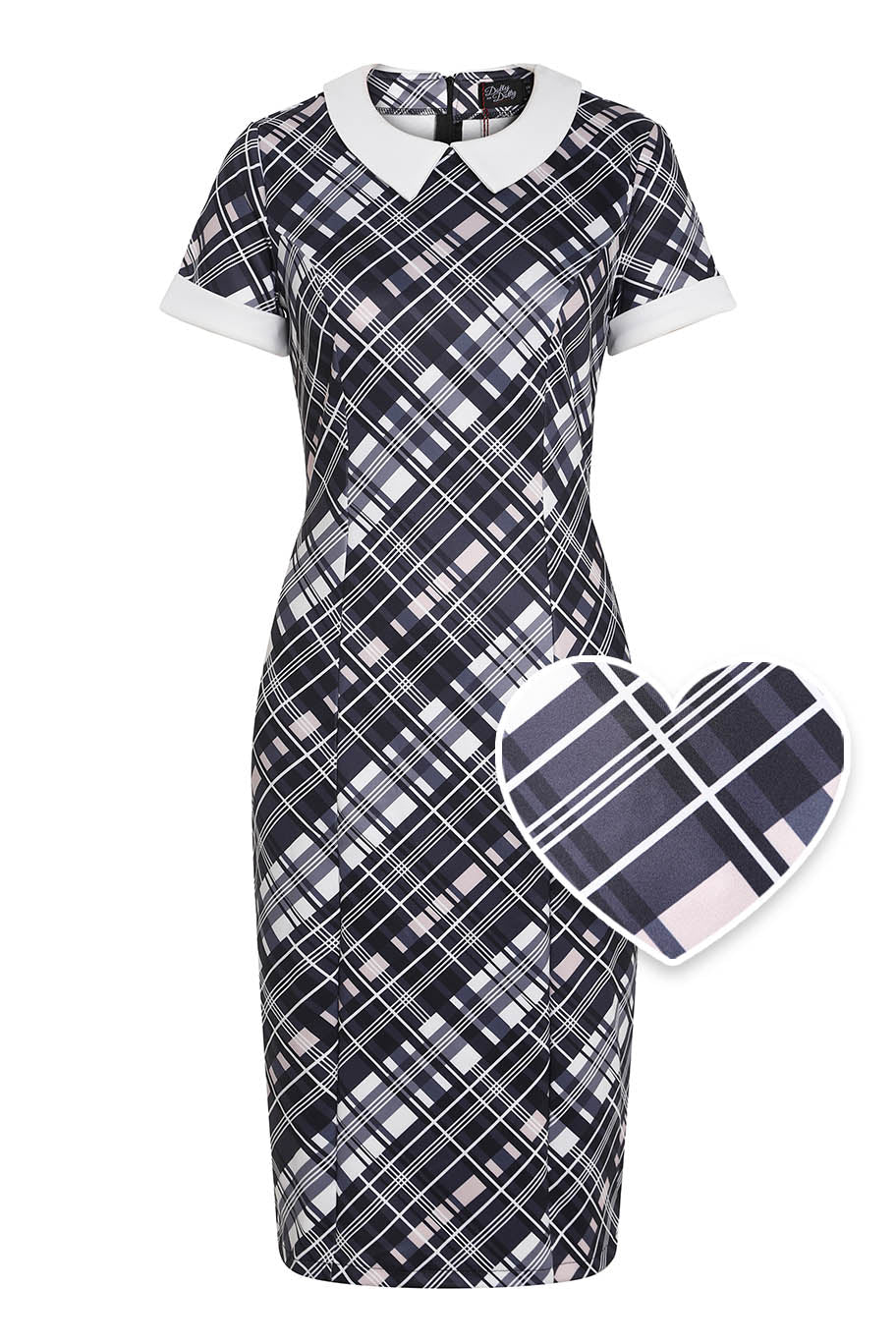 Toni Fitted Collared Vintage Dress in Black & White Tartan