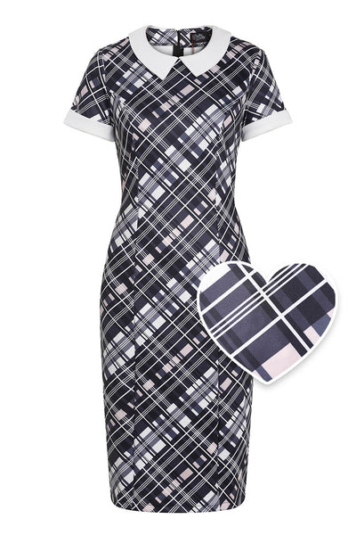 Toni Fitted Collared Vintage Dress in Black & White Tartan