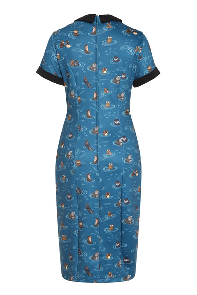 Toni Fitted Collared Vintage Dress in Blue Otter Print