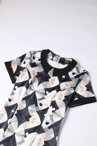 Toni Fitted Collared Vintage Dress in Black & Gray Geometric Print