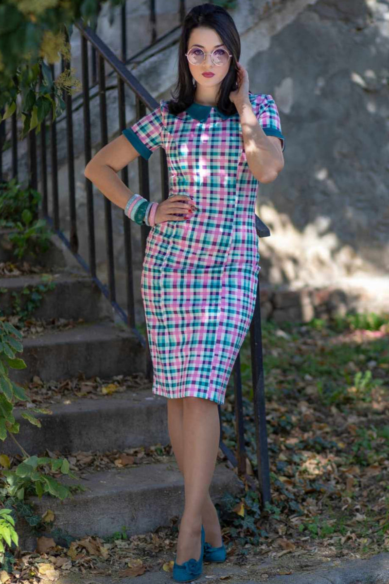 EU STOCK Toni Fitted Collared Vintage Dress in Pink & Green Print