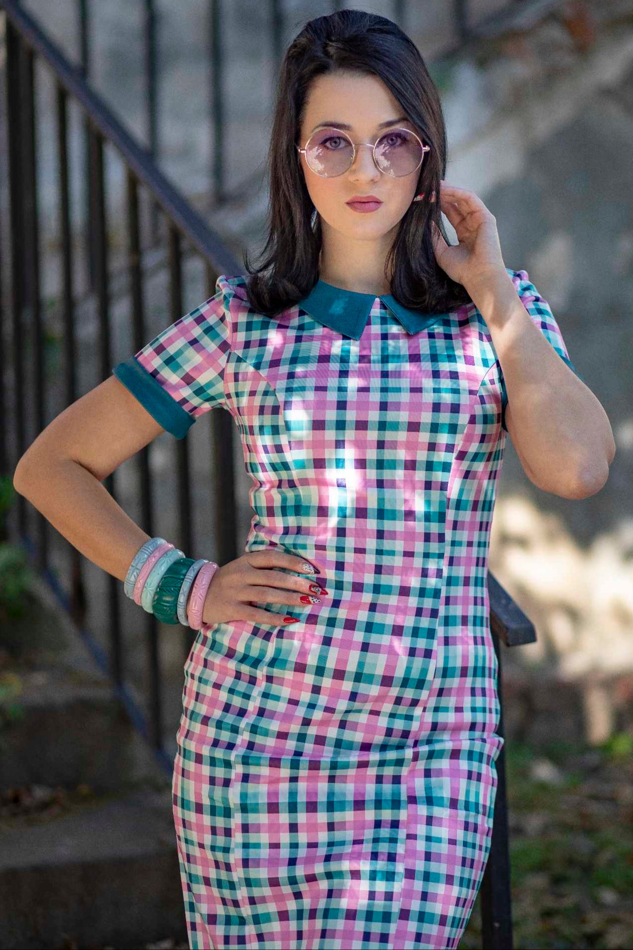 PRE ORDER Toni Fitted Collared Vintage Dress in Pink & Green Print