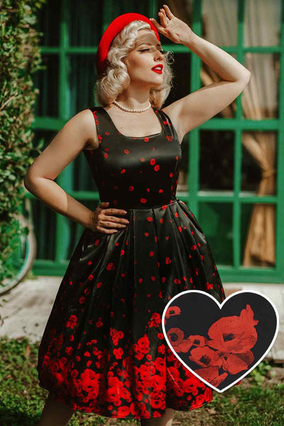 Amanda Vintage Inspired Raising Poppy Flowers Print Satin Dress in Black & Red