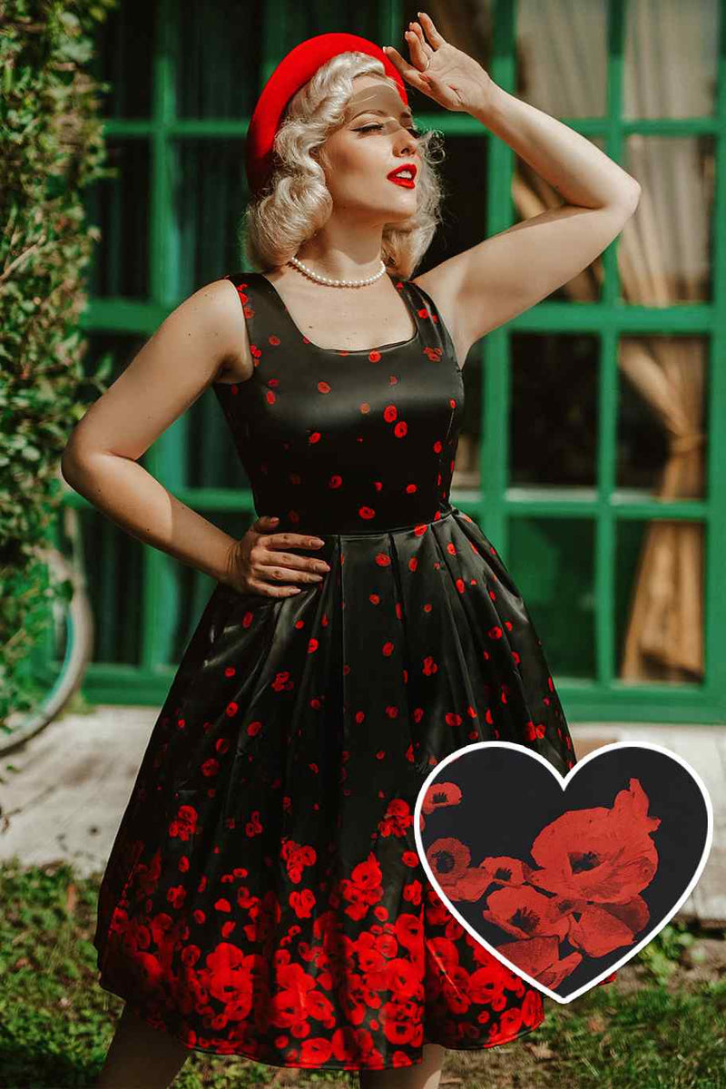 Amanda Vintage Inspired Raising Poppy Flowers Print Satin Dress in Black & Red