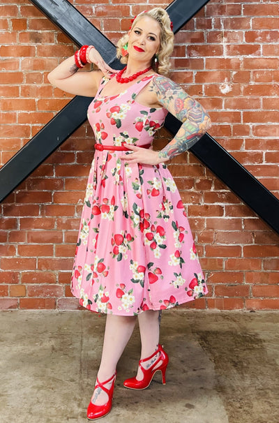 Amanda Strawberry Print Scoop Neck Dress in Pale Pink