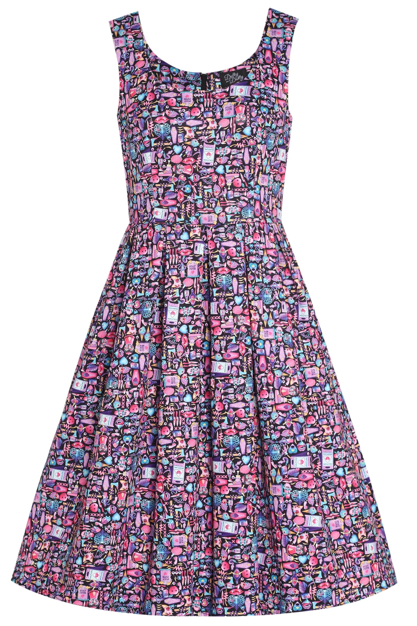 Amanda Multicolor 90s Goth Print Scoop Neck Swing Dress