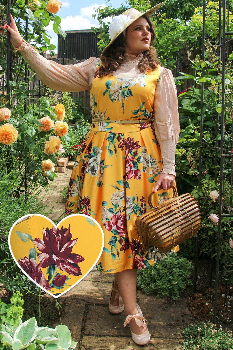 Gorgeous Amanda 50s Inspired Yellow Rose Print Dress with Hidden Pockets & a Scoop Neckline