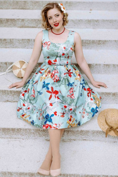 Amanda Vintage Inspired Botanical Print Satin Dress In Royal Blue