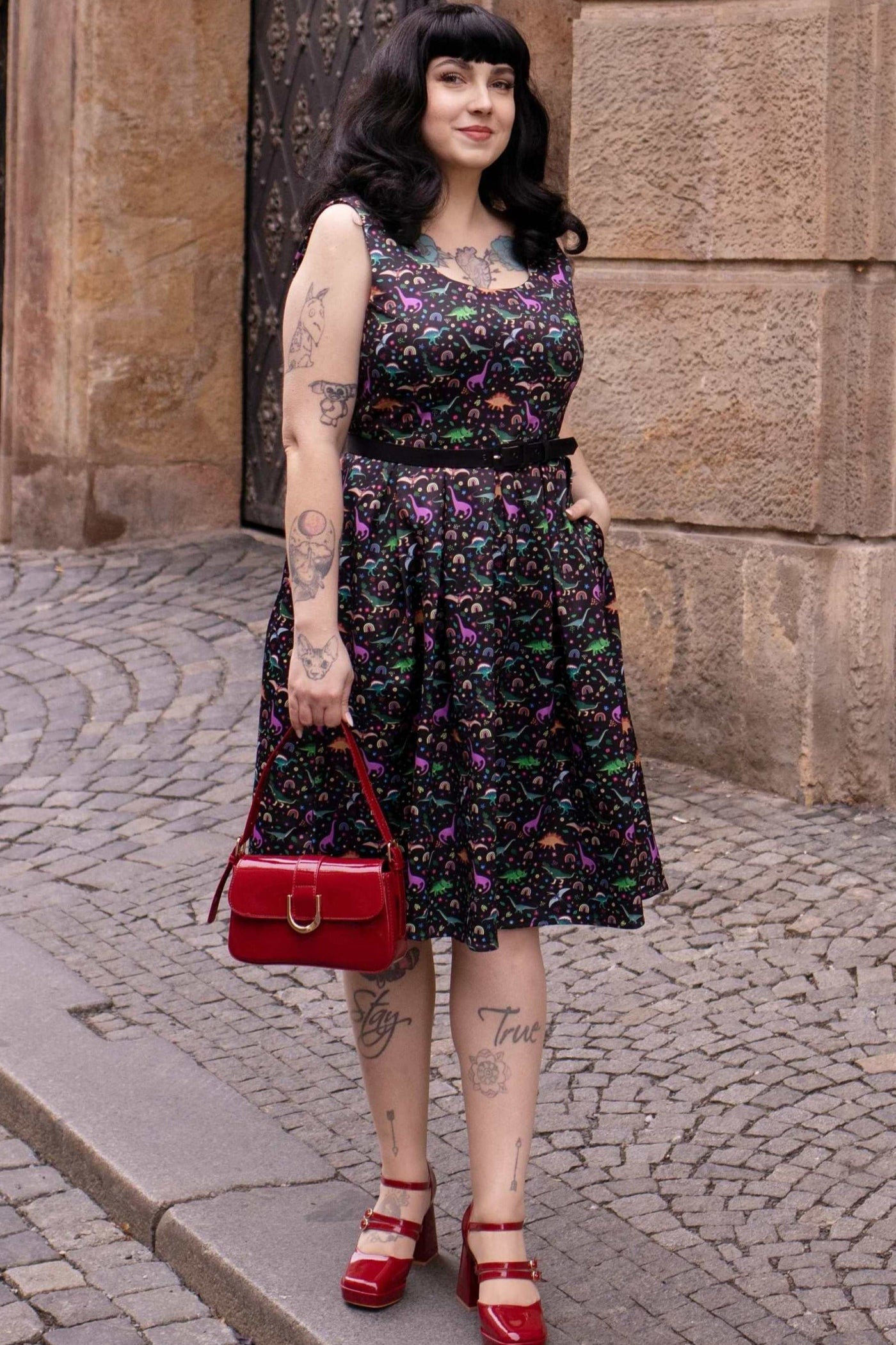 PRE ORDER Amanda Black Dinosaur Print Swing Dress