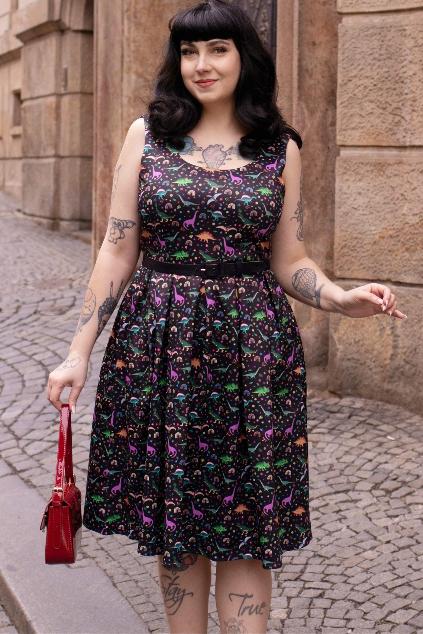 PRE ORDER Amanda Black Dinosaur Print Swing Dress