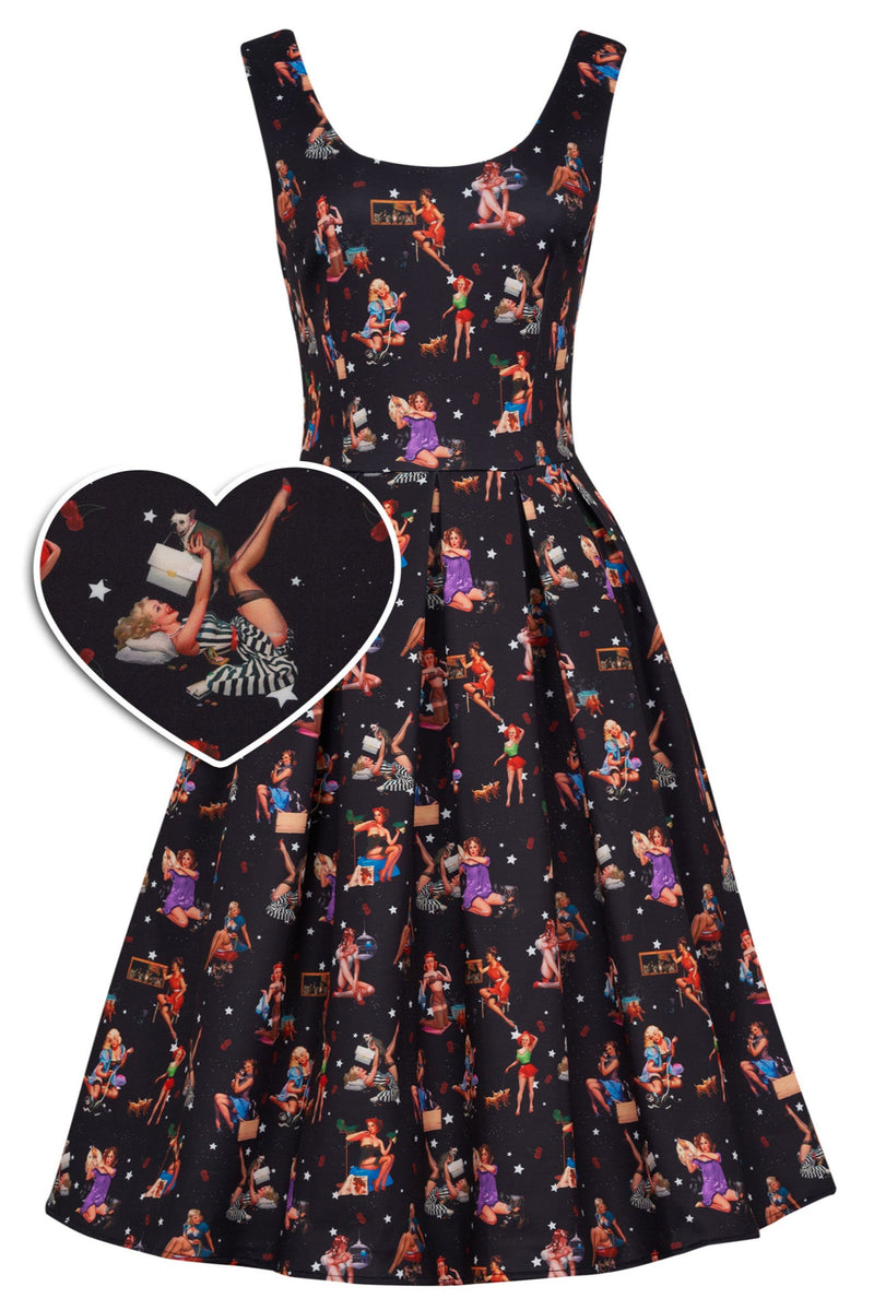 Amanda Rockabilly Swing Dress in Black Pinup Girl Print