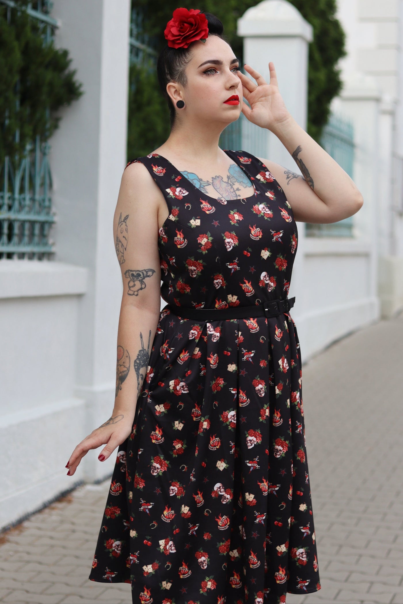 Amanda Rockabilly Skull & Rose Swing Dress