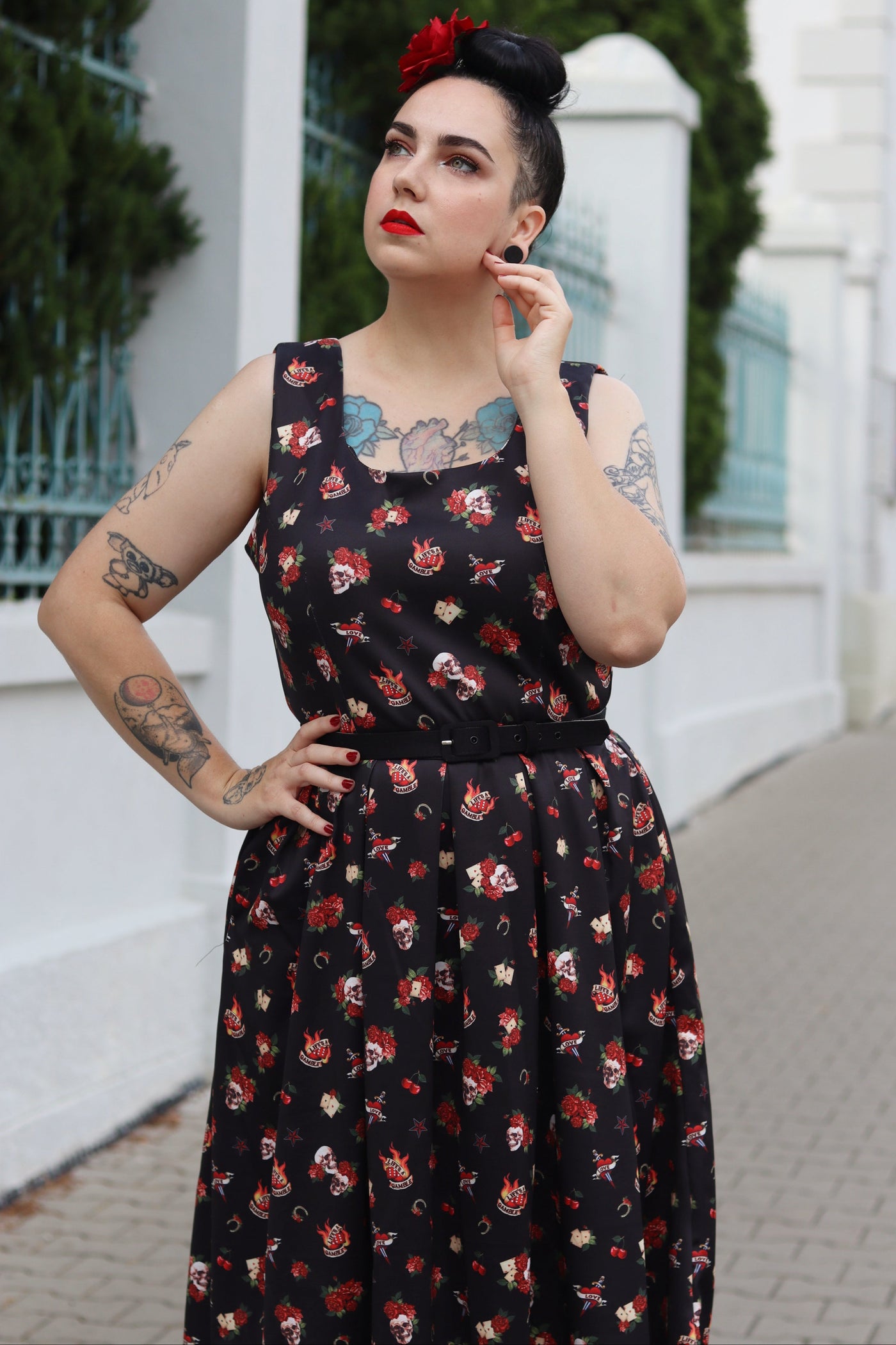 Amanda Rockabilly Skull & Rose Swing Dress