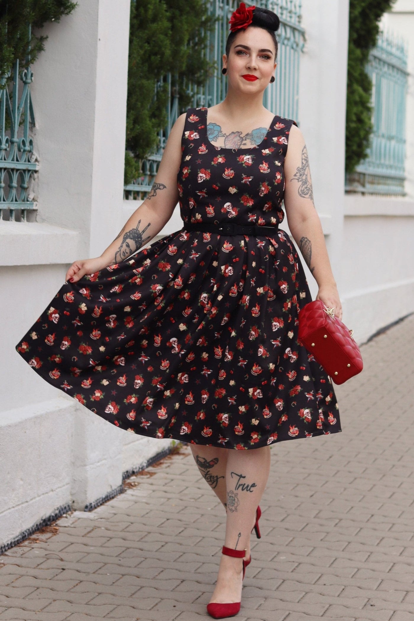Amanda Rockabilly Skull & Rose Swing Dress
