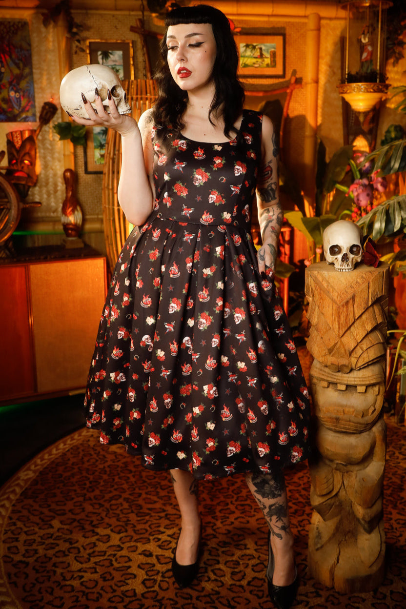 Amanda Rockabilly Skull & Rose Swing Dress