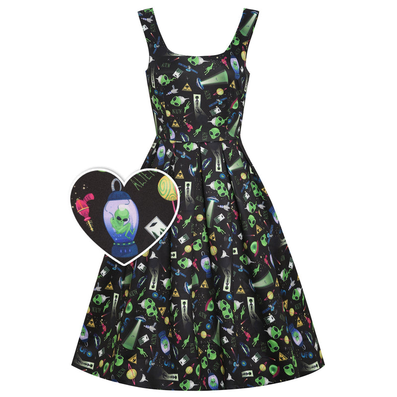 PRE ORDER Amanda Swing Dress in Black with UFO Print