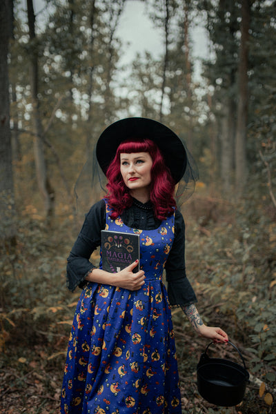 Amanda Swing Dress in Navy Blue with Pinup Lady Witch Print