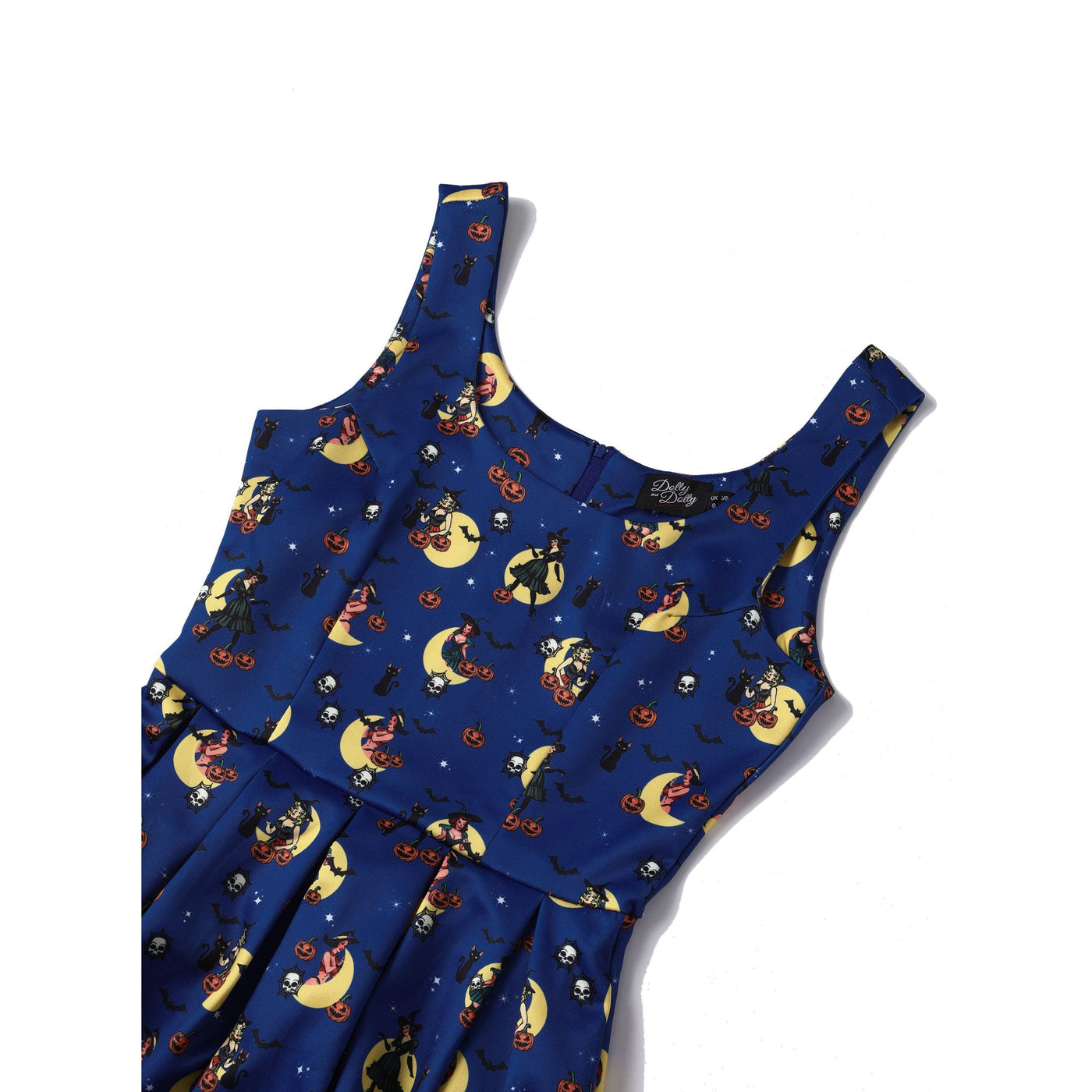 PRE ORDER Amanda Swing Dress in Navy Blue with Pinup Lady Witch Print