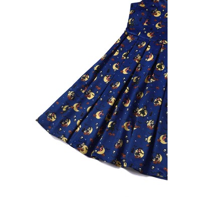 PRE ORDER Amanda Swing Dress in Navy Blue with Pinup Lady Witch Print