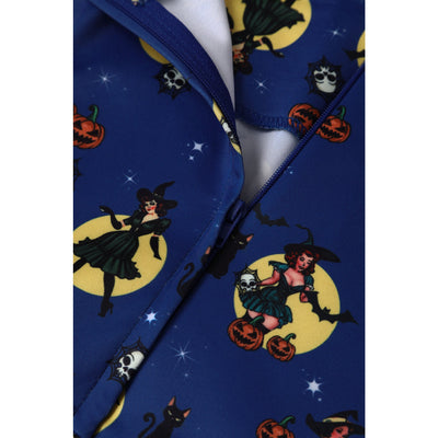 PRE ORDER Amanda Swing Dress in Navy Blue with Pinup Lady Witch Print