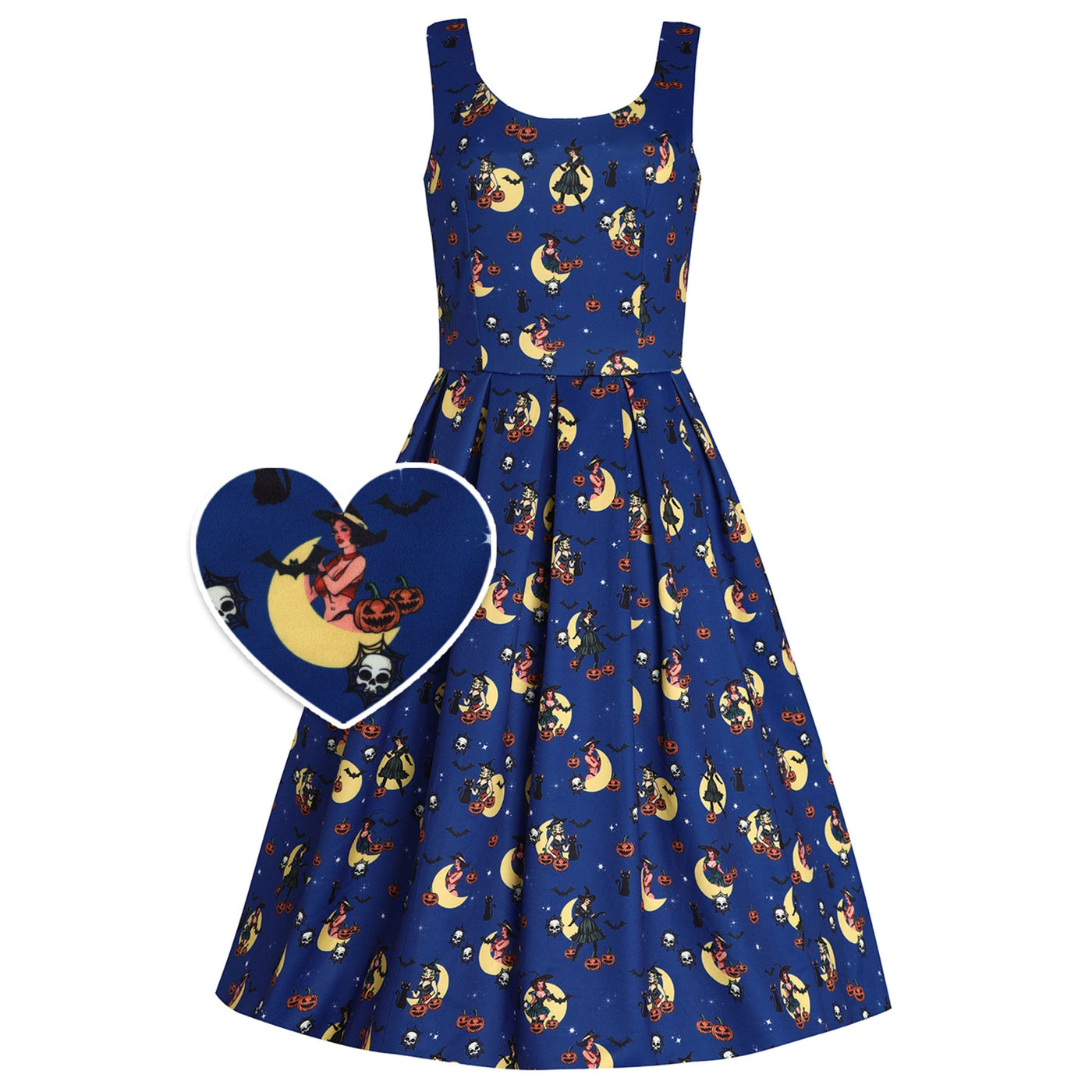 PRE ORDER Amanda Swing Dress in Navy Blue with Pinup Lady Witch Print