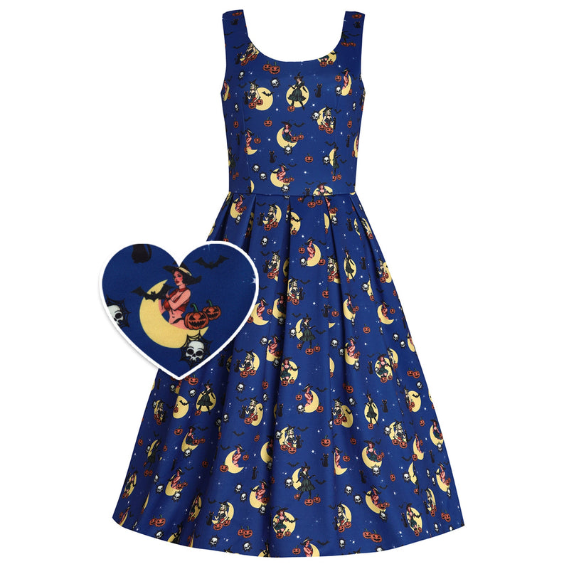 PRE ORDER Amanda Swing Dress in Navy Blue with Pinup Lady Witch Print