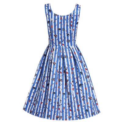PRE ORDER Amanda Swing Dress in Blue Striped Rockabilly Swallow Print