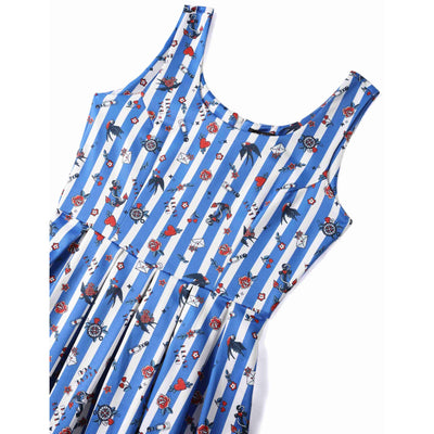 PRE ORDER Amanda Swing Dress in Blue Striped Rockabilly Swallow Print