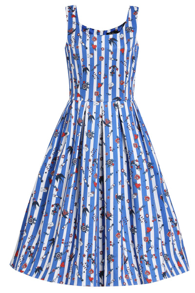 Amanda Swing Dress in Blue Striped Rockabilly Swallow Print