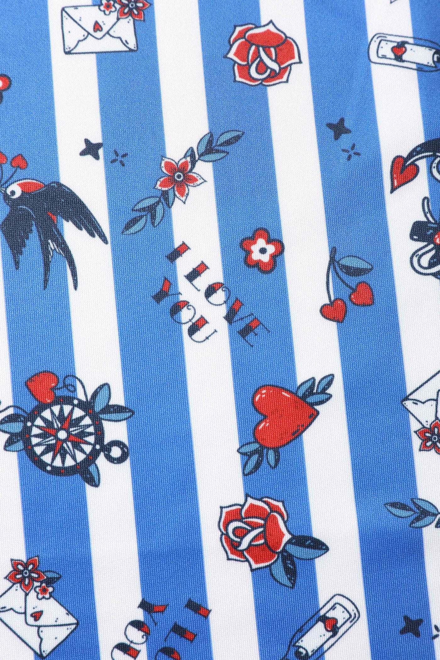 Amanda Swing Dress in Blue Striped Rockabilly Swallow Print