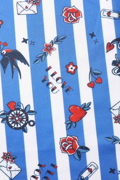 Amanda Swing Dress in Blue Striped Rockabilly Swallow Print