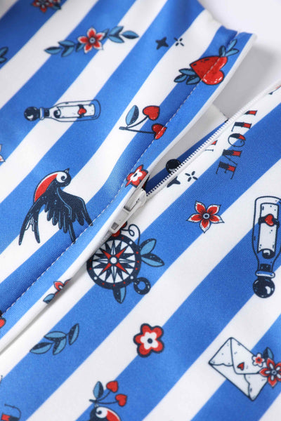 Amanda Swing Dress in Blue Striped Rockabilly Swallow Print
