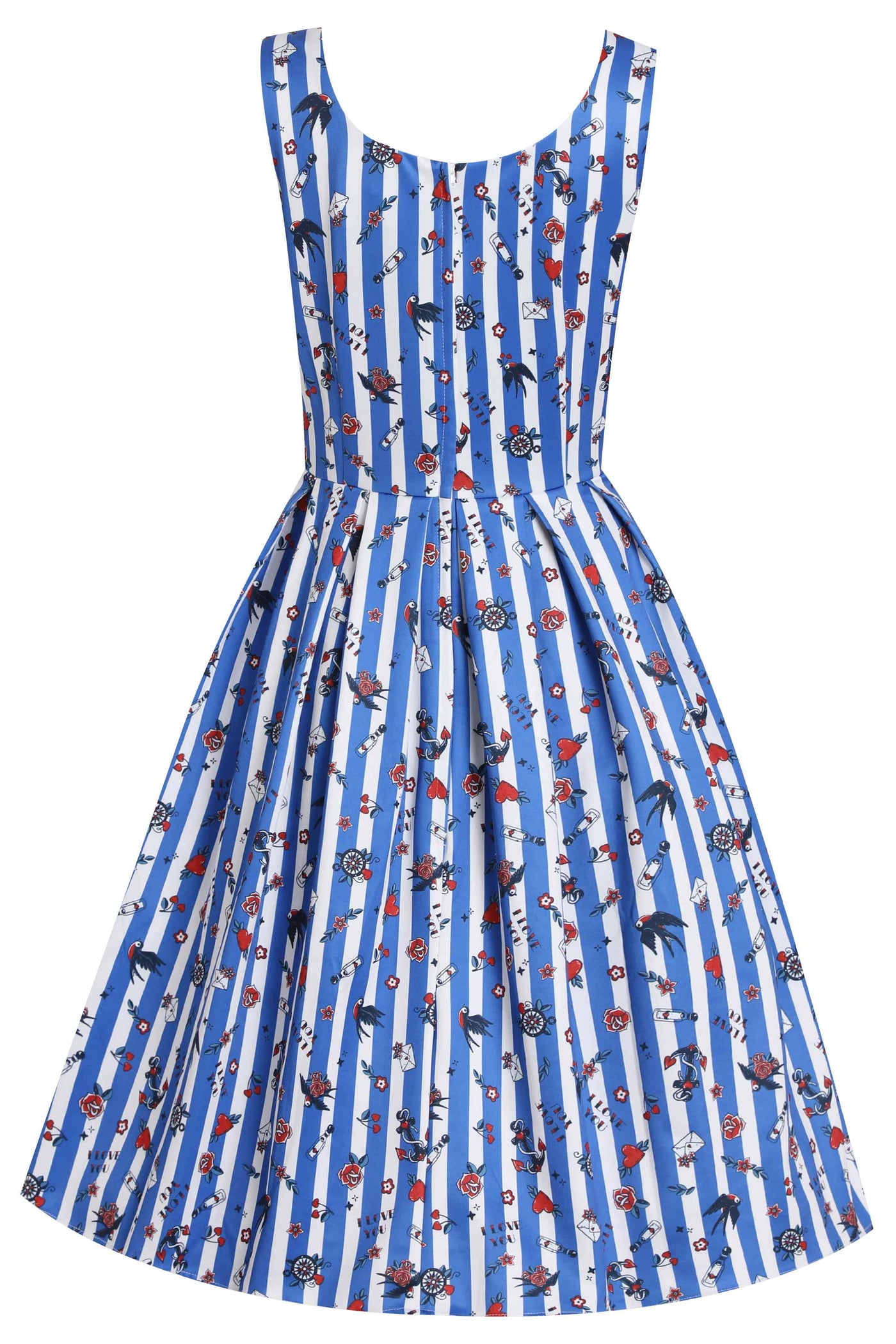 Amanda Swing Dress in Blue Striped Rockabilly Swallow Print