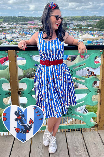 PRE ORDER Amanda Swing Dress in Blue Striped Rockabilly Swallow Print