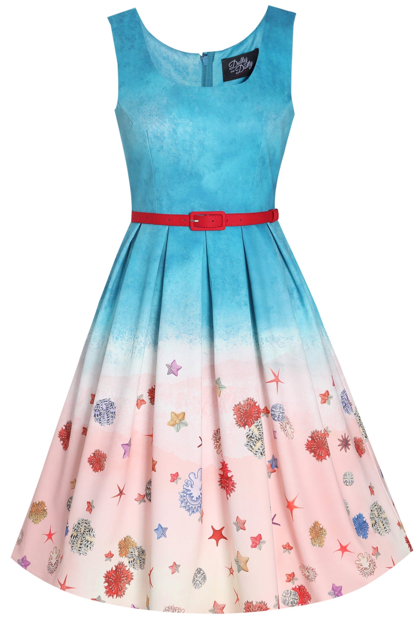 Amanda Blue Vintage White Shore Print Swing Dress