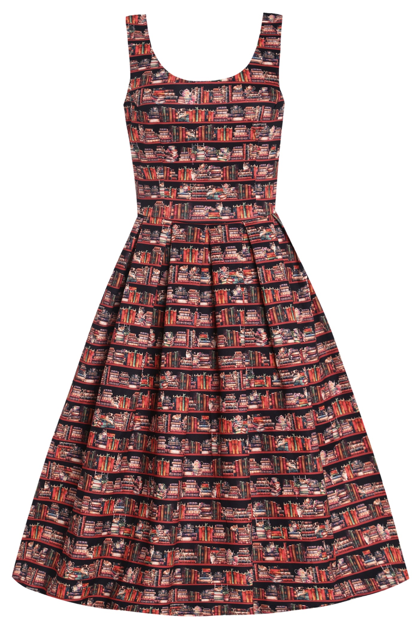 Amanda Vintage Inspired Library Book & Cat Print Swing Dress