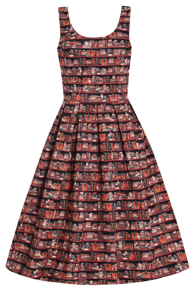 Amanda Vintage Inspired Library Book & Cat Print Swing Dress