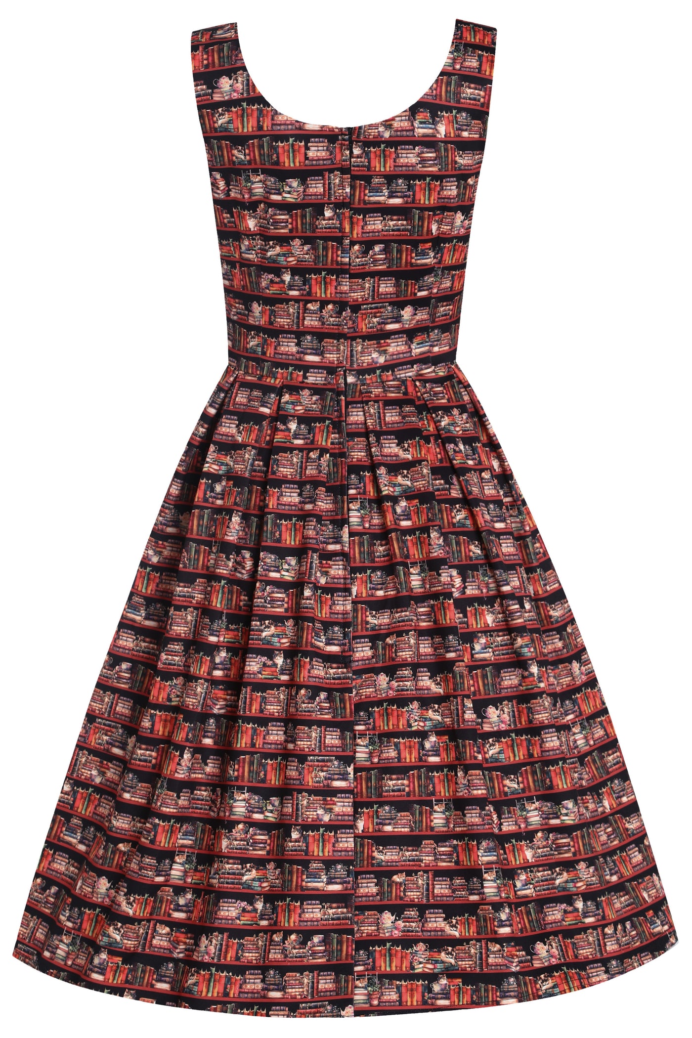 Amanda Vintage Inspired Library Book & Cat Print Swing Dress