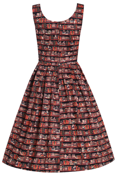 Amanda Vintage Inspired Library Book & Cat Print Swing Dress