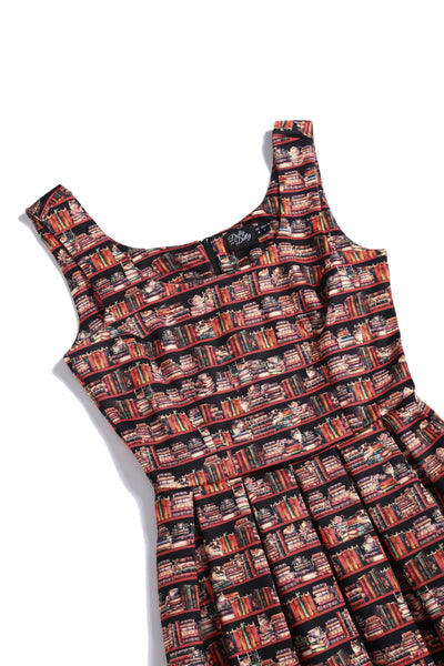 Amanda Vintage Inspired Library Book & Cat Print Swing Dress