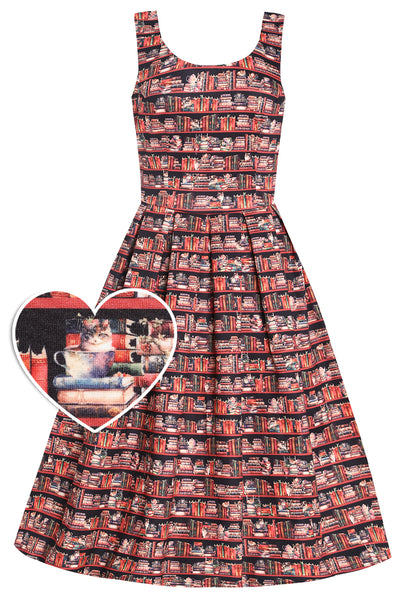 Amanda Vintage Inspired Library Book & Cat Print Swing Dress