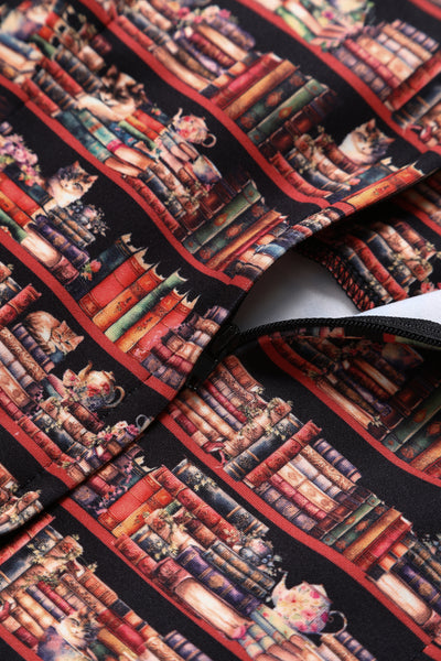 Amanda Vintage Inspired Library Book & Cat Print Swing Dress