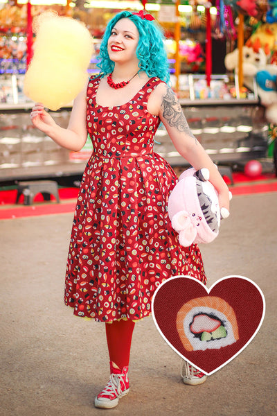 EU STOCK Amanda Burgundy Quirky Sushi Print Stretchy Dress