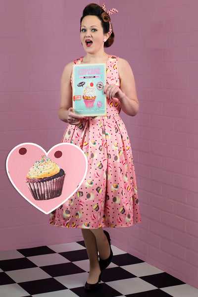 Amanda Scoop Neck Swing Dress in Pink Cupcake Print