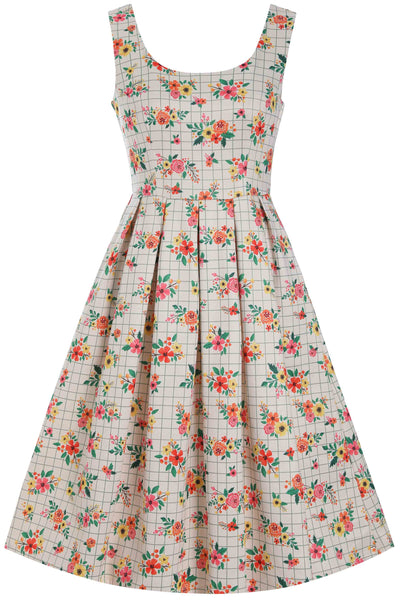 EU STOCK Amanda Cream Floral & Subtle Checkered Print  Scoop Neck Swing Dress